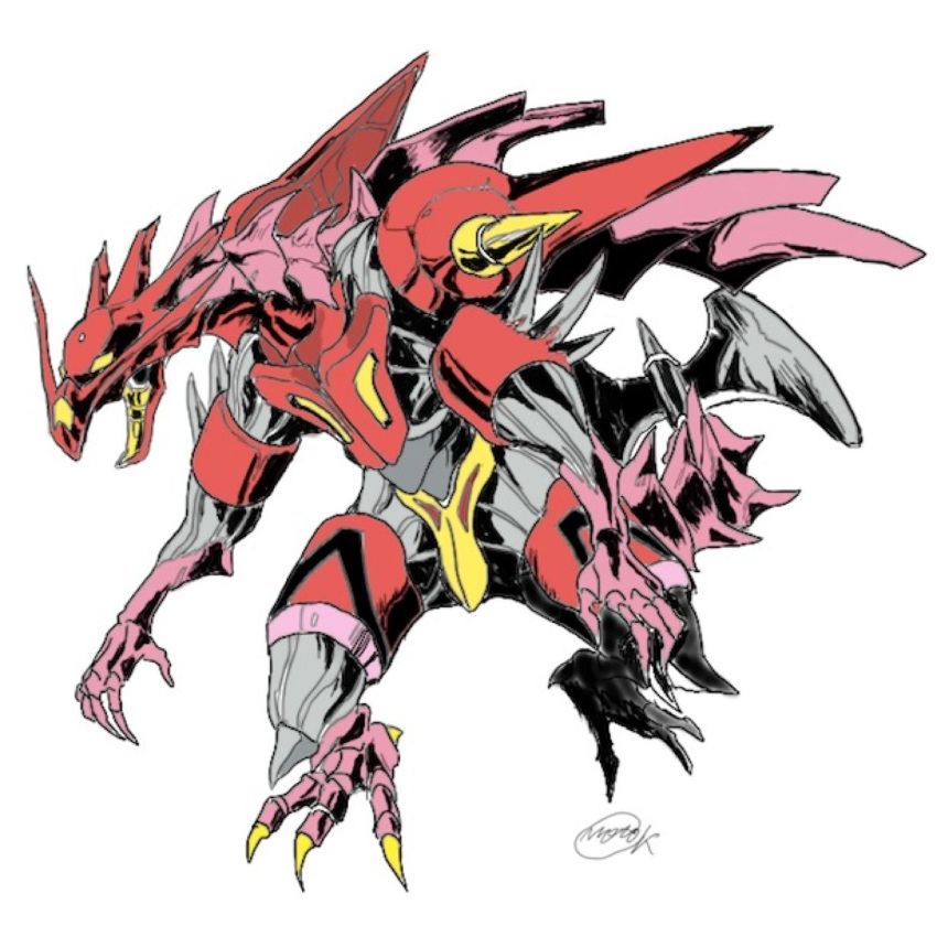 claws commentary dragon getter_dragon getter_robo getter_robo_g highres koyama_motoo mecha monster no_humans open_mouth signature simple_background too_literal western_dragon white_background wings yellow_eyes