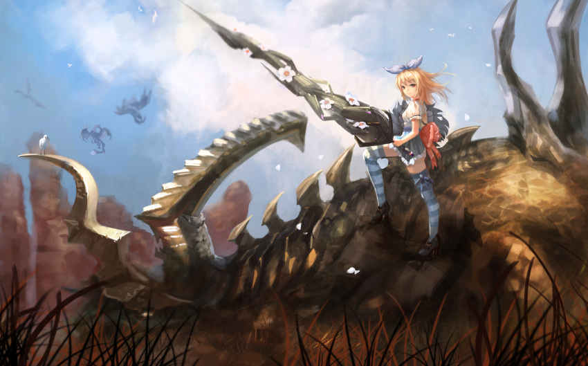 1girl bird blonde_hair blue_skirt bow clouds cloudy_sky dragon flower hair_bow highres magician_(china) original red_eyes shirt shoes short_sleeves skirt sky standing_on_object striped striped_legwear thigh-highs weapon white_shirt