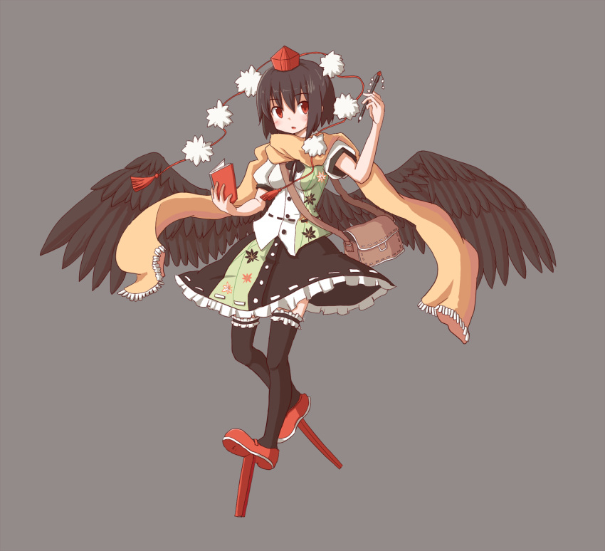 1girl black_hair black_legwear black_wings feathered_wings hat highres holding kaminendo looking_at_viewer notepad parted_lips pen pom_pom_(clothes) red_eyes scarf shameimaru_aya short_hair simple_background solo thigh-highs tokin_hat touhou wings