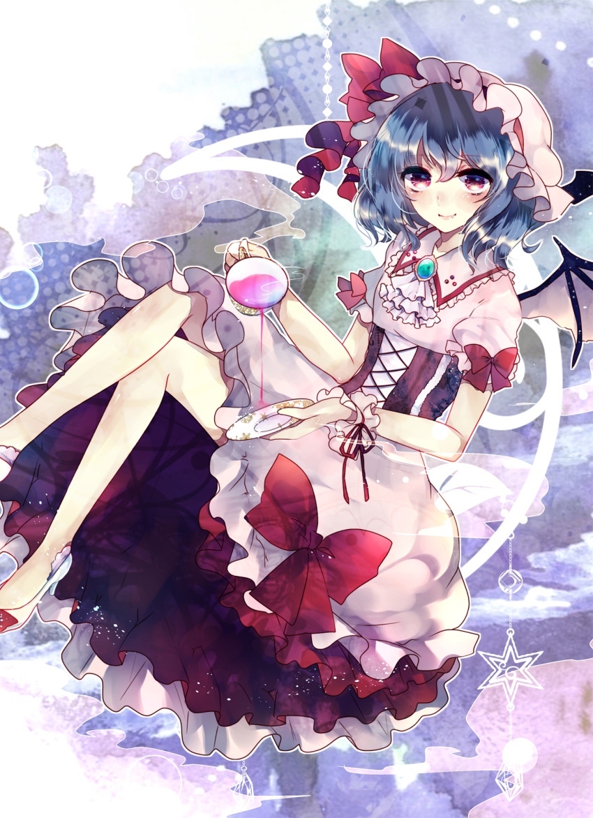 1girl ascot bat_wings blue_hair bow cup frills ginzuki_ringo highres holding looking_at_viewer mob_cap red_eyes remilia_scarlet short_hair smile solo teacup touhou wings