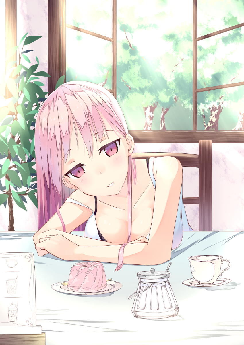 1girl absurdres bra_strap breasts camisole casual chair highres long_hair looking_at_viewer original parted_lips pink_eyes pink_hair pudding restaurant smile solo table tunamayochan