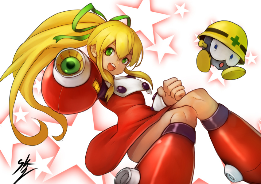1girl arm_cannon blonde_hair female green_eyes long_hair metool open_mouth ponytail rockman rockman_(classic) roll signature solo sowel_(sk3) star weapon