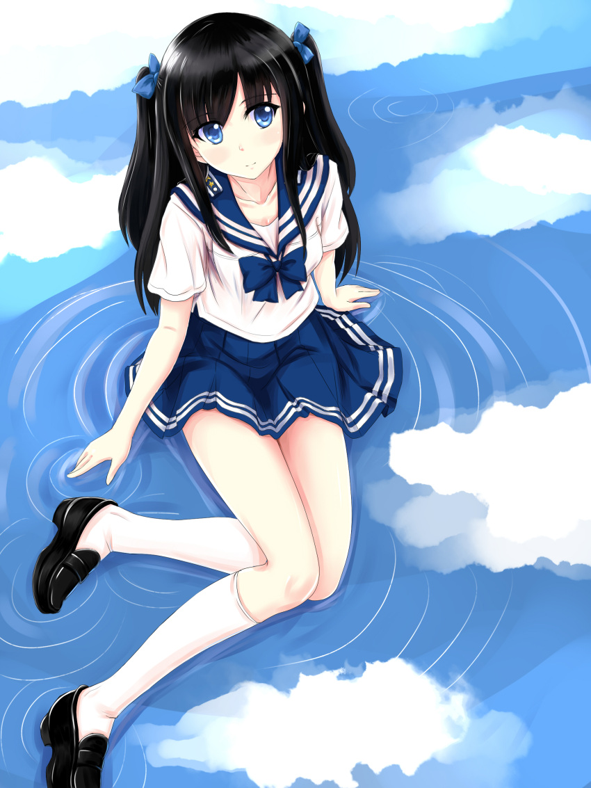 1girl absurdres allenes black_hair blue_eyes bow from_above hair_bow hair_ribbon highres long_hair looking_at_viewer looking_up original pleated_skirt ribbon school_uniform serafuku shoes sitting skirt smile socks solo two_side_up white_legwear