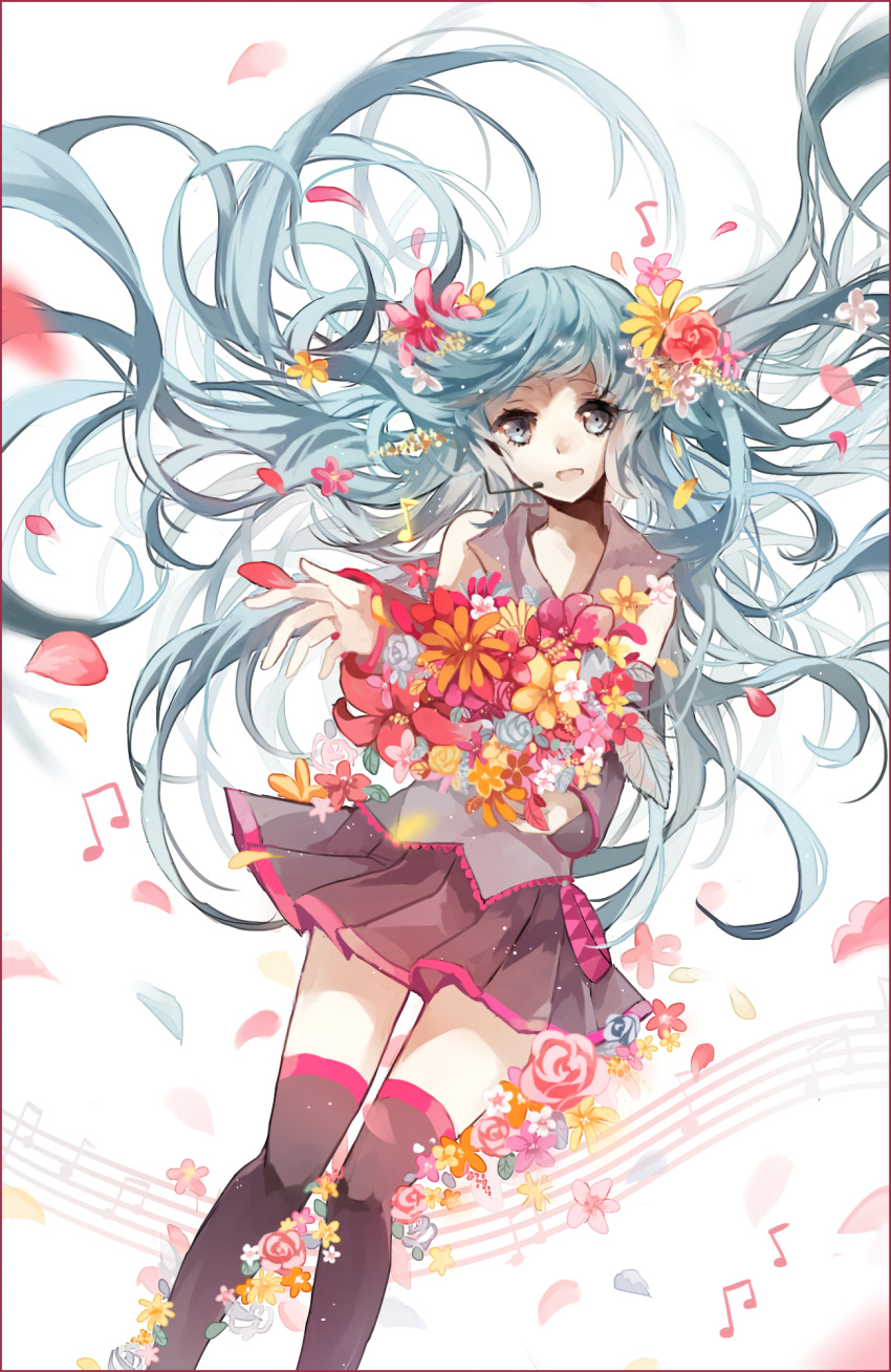 1girl aqua_hair flower hatsune_miku headset highres long_hair musical_note skirt solo thigh-highs very_long_hair vocaloid