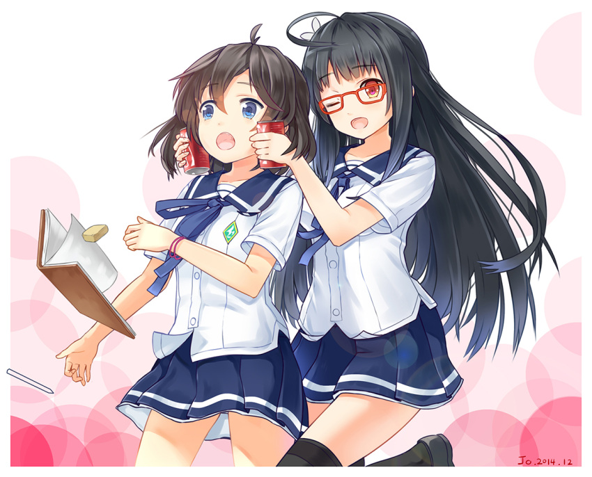 2girls ;d ahoge black_hair blue_eyes glasses jojofon long_hair multiple_girls one_eye_closed open_mouth original pleated_skirt red_eyes school_uniform serafuku short_hair skirt smile soda_can