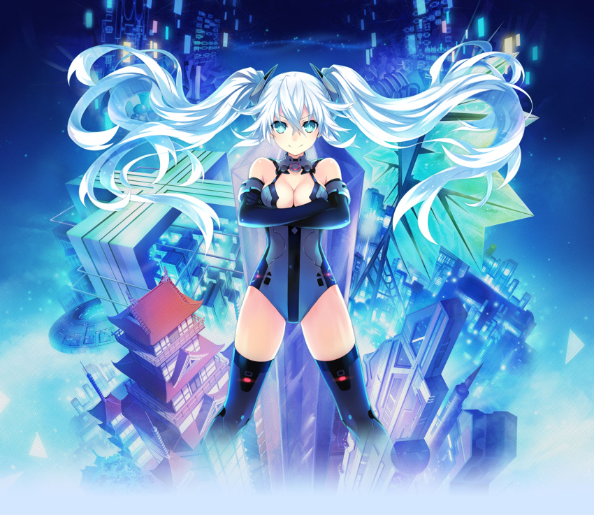 1girl aqua_eyes bare_shoulders black_gloves black_heart bodysuit breasts building chou_megami_shinkou_noire_gekishin_black_heart choujigen_game_neptune circle cleavage crossed_arms elbow_gloves gloves gunbuster_pose highres kami_jigen_game_neptune_v long_hair looking_at_viewer neptune_(series) power_symbol smile solo square symbol-shaped_pupils thigh-highs triangle tsunako twintails white_hair