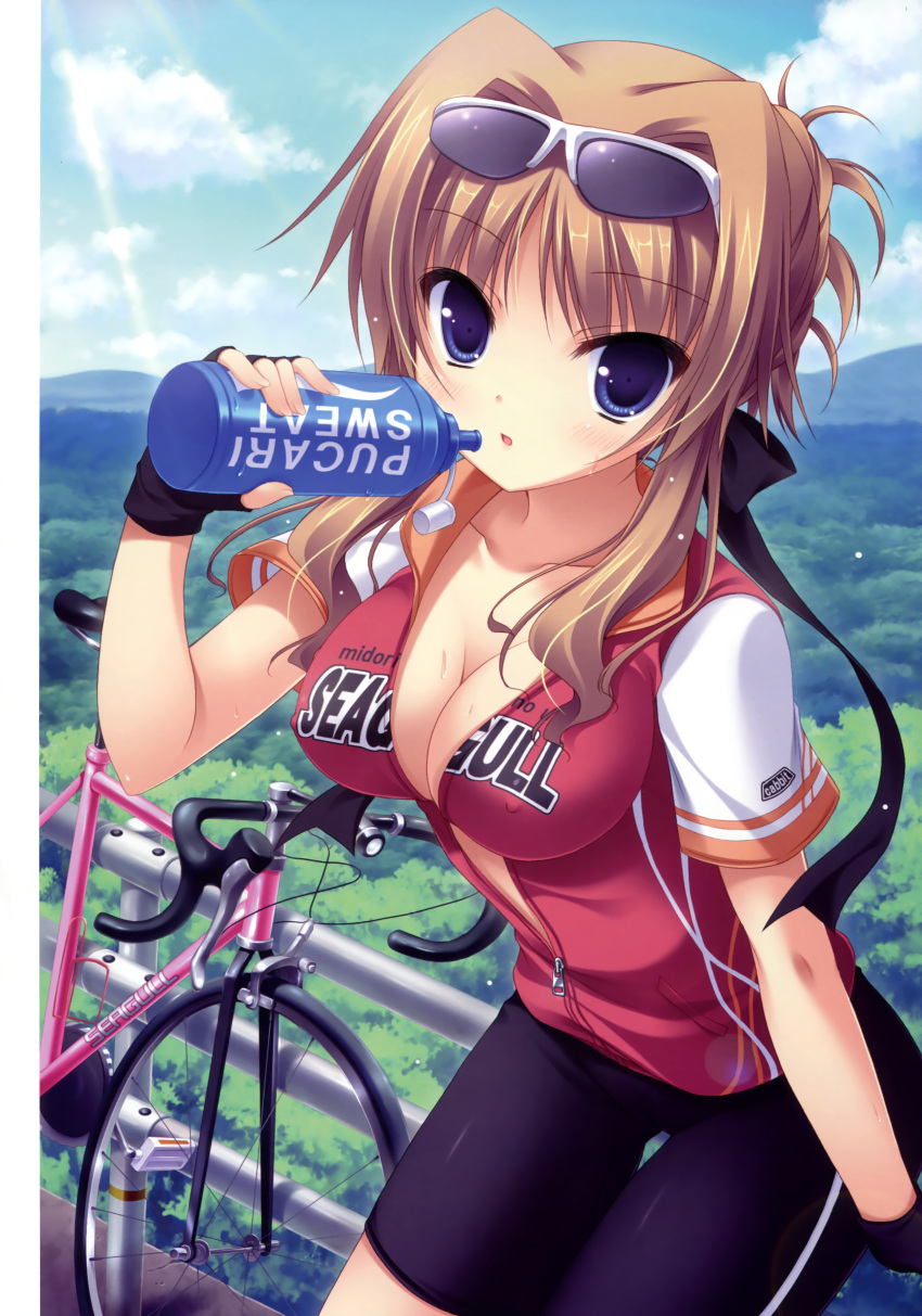 1girl absurdres bicycle bike_jersey bike_shorts blue_eyes bottle brand_name_imitation breasts brown_hair chisha cleavage fingerless_gloves gloves hair_intakes highres midori_no_umi open_clothes open_shirt sunglasses sunglasses_on_head water_bottle yukie_(peach_candy)