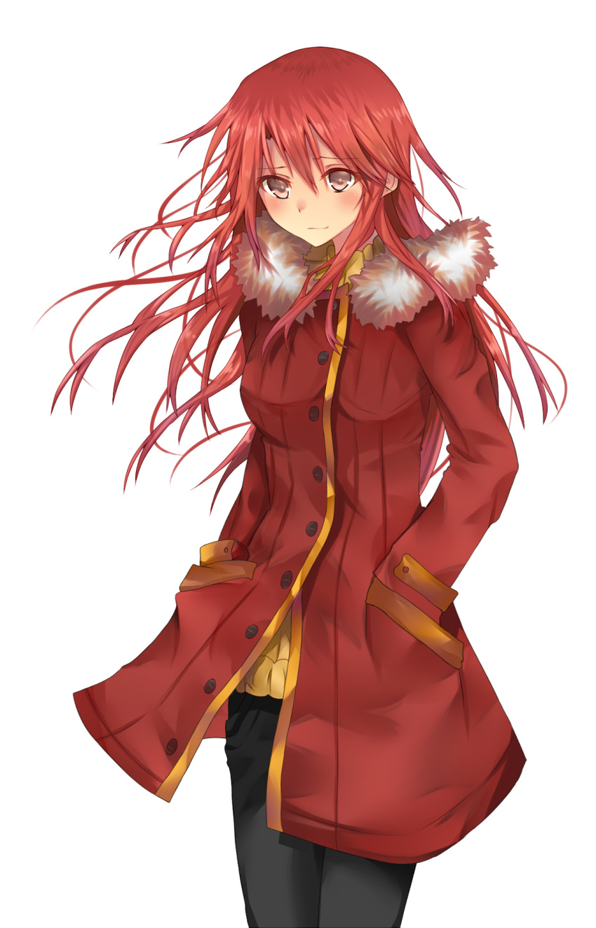 1girl coat highres long_hair looking_at_viewer original red_eyes redhead simple_background smile solo tsuedzu white_background