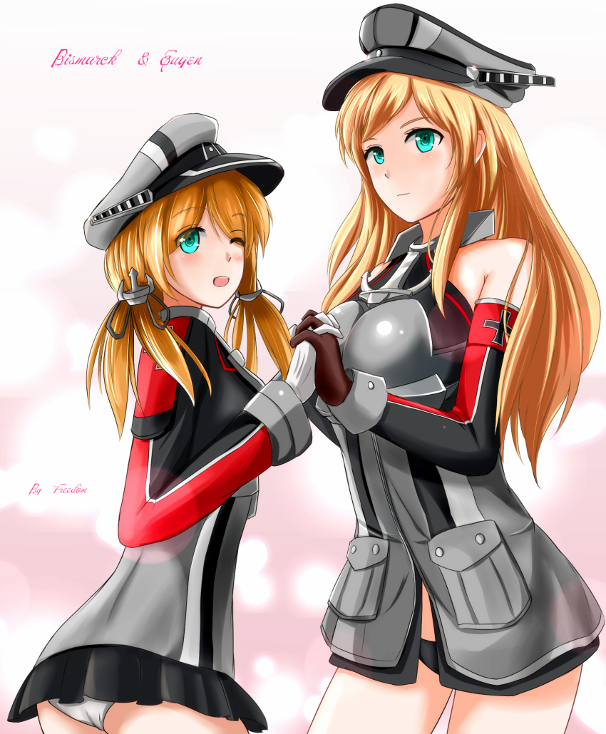 2girls anchor_hair_ornament aqua_eyes artist_name bismarck_(kantai_collection) black_panties blonde_hair breasts brown_gloves character_name cowboy_shot gloves hat highres holding_hands interlocked_fingers iron_cross kantai_collection long_hair long_sleeves low_twintails microskirt military military_uniform multiple_girls open_mouth panties peaked_cap pink_background prinz_eugen_(kantai_collection) saber-freedom signature skirt smile twintails underwear uniform white_gloves white_panties