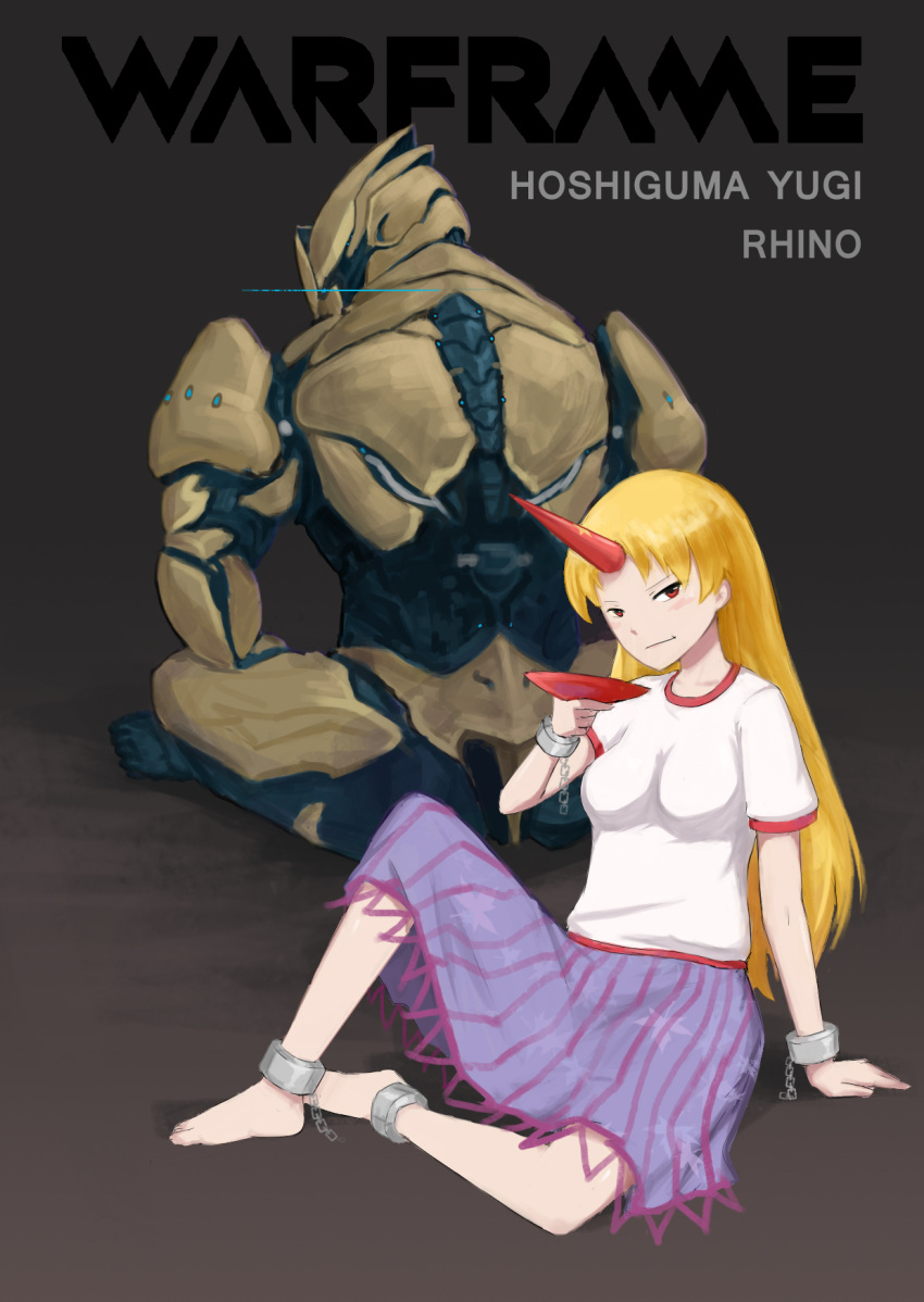 1boy 1girl alcohol back blonde_hair chain crossover cuffs highres horn hoshiguma_yuugi ikas-zzx indian_style kneeling long_hair long_skirt looking_at_viewer looking_back oni power_connection red_eyes rhino_(warframe) sakazuki sake shackles shirt sitting skirt smile touhou warframe white_shirt