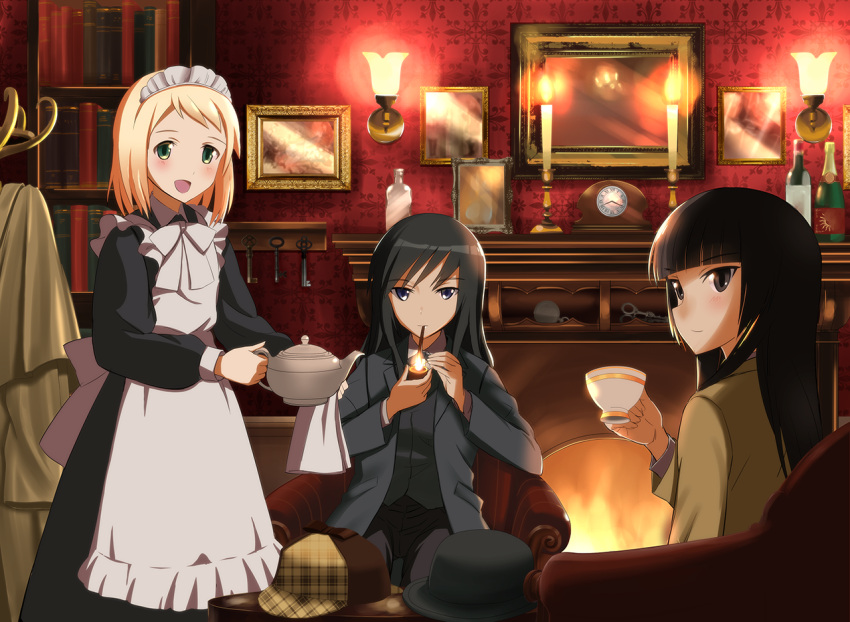 3girls :d alternate_costume anabuki_tomoko apron bangs black_dress black_eyes black_hair blonde_hair blue_eyes blunt_bangs blush book bookshelf bow candle chair clock coat_rack cup dress elizabeth_f_beurling elma_leivonen enmaided fire fireplace frills green_eyes hat holding indoors jacket kaneko_(novram58) key light long_hair long_sleeves maid maid_apron maid_headdress multiple_girls open_mouth pants photo_(object) short_hair sitting smile smoking_pipe strike_witches teacup teapot white_bow wine_bottle