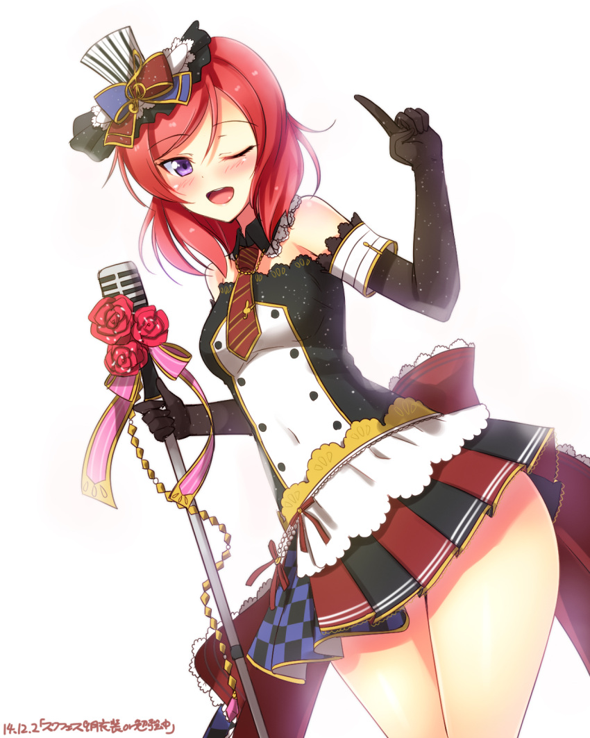 1girl alternate_costume black_gloves elbow_gloves gloves hat highres idol looking_at_viewer love_live!_school_idol_project microphone_stand mini_top_hat miniskirt nishikino_maki off_shoulder one_eye_closed open_mouth pleated_skirt pointing pointing_up redhead short_hair skirt solo top_hat violet_eyes yu-ta