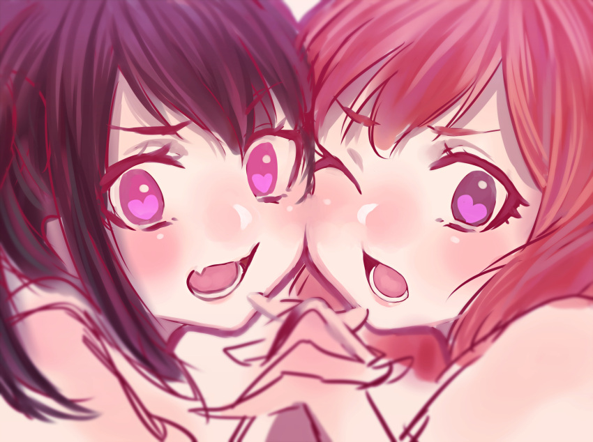 2girls absurdres black_hair cheek-to-cheek heart heart-shaped_pupils highres holding_hands looking_at_viewer love_live!_school_idol_project marker_(medium) multiple_girls nishikino_maki pov pov_eye_contact red_eyes redhead short_twintails sketch symbol-shaped_pupils traditional_media twintails yazawa_nico