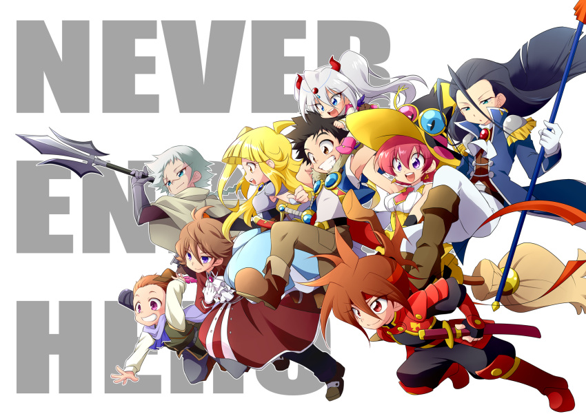 armor armpits ascot blonde_hair blue_coat blue_dress brooch broom broom_riding coat commentary_request dress english_text feylin gloves hagan headband highres holding holding_polearm holding_weapon jewelry kibamaru mikoto_(tanken_driland) multiple_boys nagare_(tanken_driland) open_mouth paan polearm pollon_(tanken_driland) red_hair red_headband running scar scar_on_face shirt smile take_no_ko tanken_driland tanken_driland:1000-nen_no_mahou twintails violet_eyes wallence weapon white_background white_gloves white_hair white_shirt