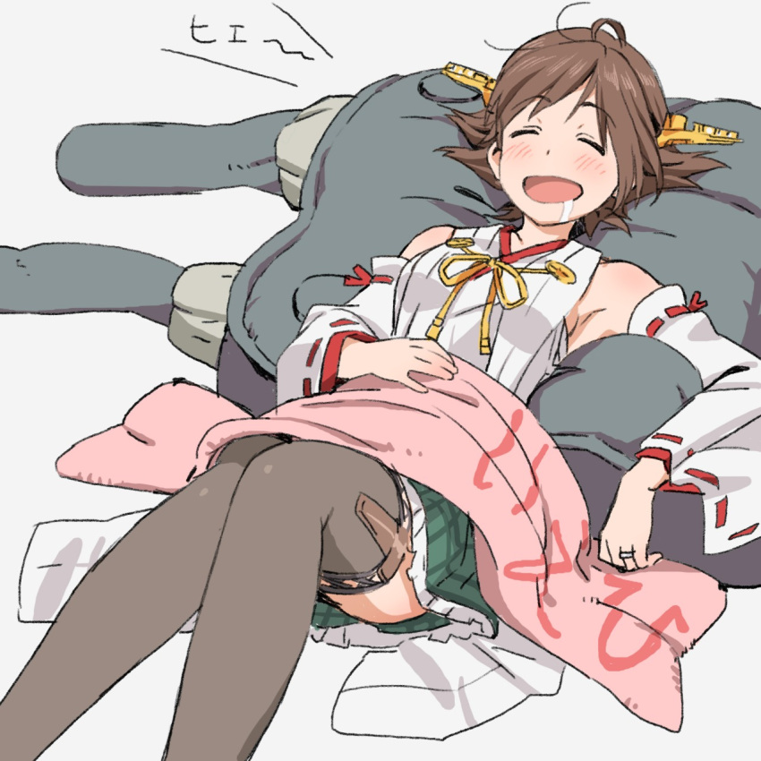 1girl armpits blanket brown_hair cushion detached_sleeves drooling hand_on_stomach headgear hiei_(kantai_collection) highres jewelry kantai_collection lying nontraditional_miko on_back open_mouth plaid plaid_skirt ring short_hair skirt sleeping solo thigh-highs wedding_band