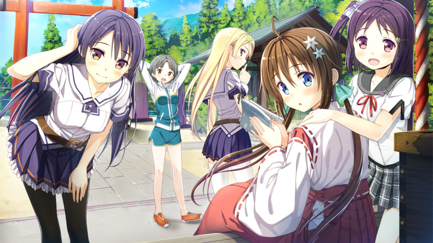 5girls blush game_cg honjou_masato japanese_clothes looking_at_viewer miko multiple_girls open_mouth school_uniform