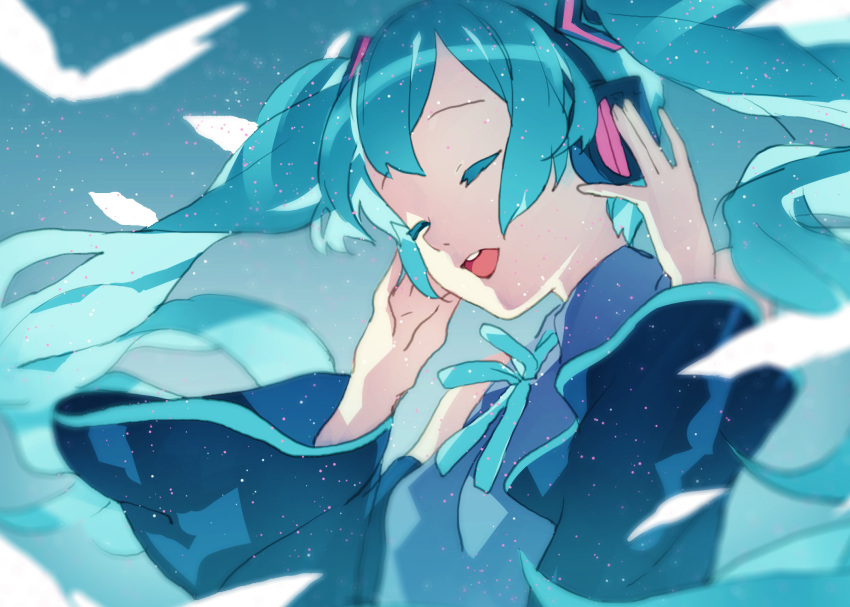 1girl aqua_hair closed_eyes detached_sleeves floating_hair hands_on_headphones hatsune_miku headphones highres long_hair open_mouth solo twintails vocaloid weee_(raemz)