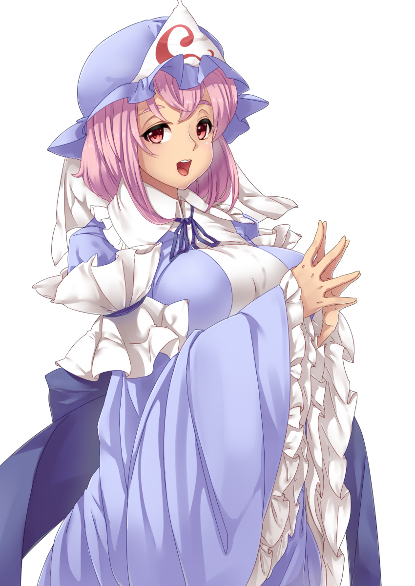 1girl arm_strap blue_dress breasts dress hands_together highres hinaie_takuya large_breasts long_sleeves looking_at_viewer mob_cap open_mouth pink_eyes pink_hair saigyouji_yuyuko sash smile solo touhou triangular_headpiece veil wide_sleeves
