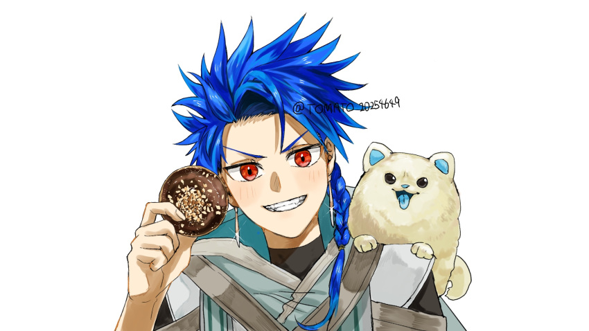 1boy animal_on_shoulder artist_name baby_animal blue_hair blue_tongue bluesky_username colored_inner_animal_ears colored_tongue commentary_request cu_chulainn_(fate) dog dog_on_shoulder doughnut earrings fate/grand_order fate_(series) food forehead grin hand_up highres holding holding_donut holding_food jewelry light_blush male_focus pet portrait puppy red_eyes setanta's_puppy_(fate) setanta_(fate) simple_background smile solo spiky_hair teeth tomato_20254649 tongue tongue_out turtleneck undershirt v-shaped_eyebrows white_background white_dog