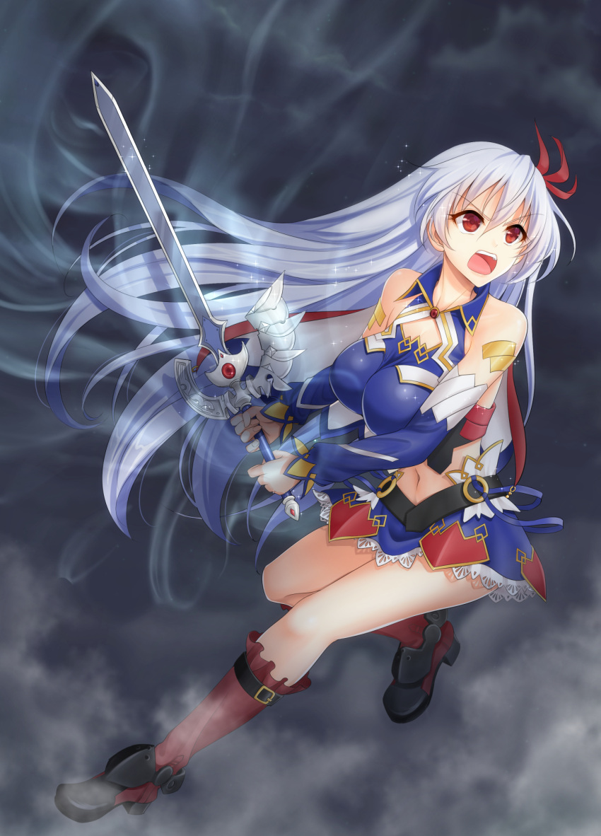 &gt;:o 1girl :o detached_sleeves eleonora_viltaria hair_ornament highres holding long_hair madan_no_ou_to_vanadis navel red_eyes silver_hair solo sword weapon youshuu