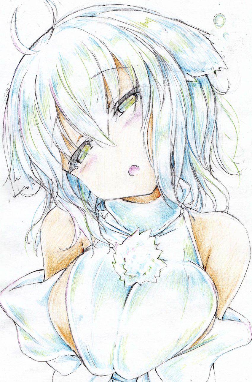 1girl absurdres animal_ears bare_shoulders breast_squeeze breasts bust colored_pencil_(medium) detached_sleeves fang green_eyes highres inubashiri_momiji kitazinger large_breasts no_hat open_mouth shirt sideboob silver_hair solo touhou traditional_media wolf_ears