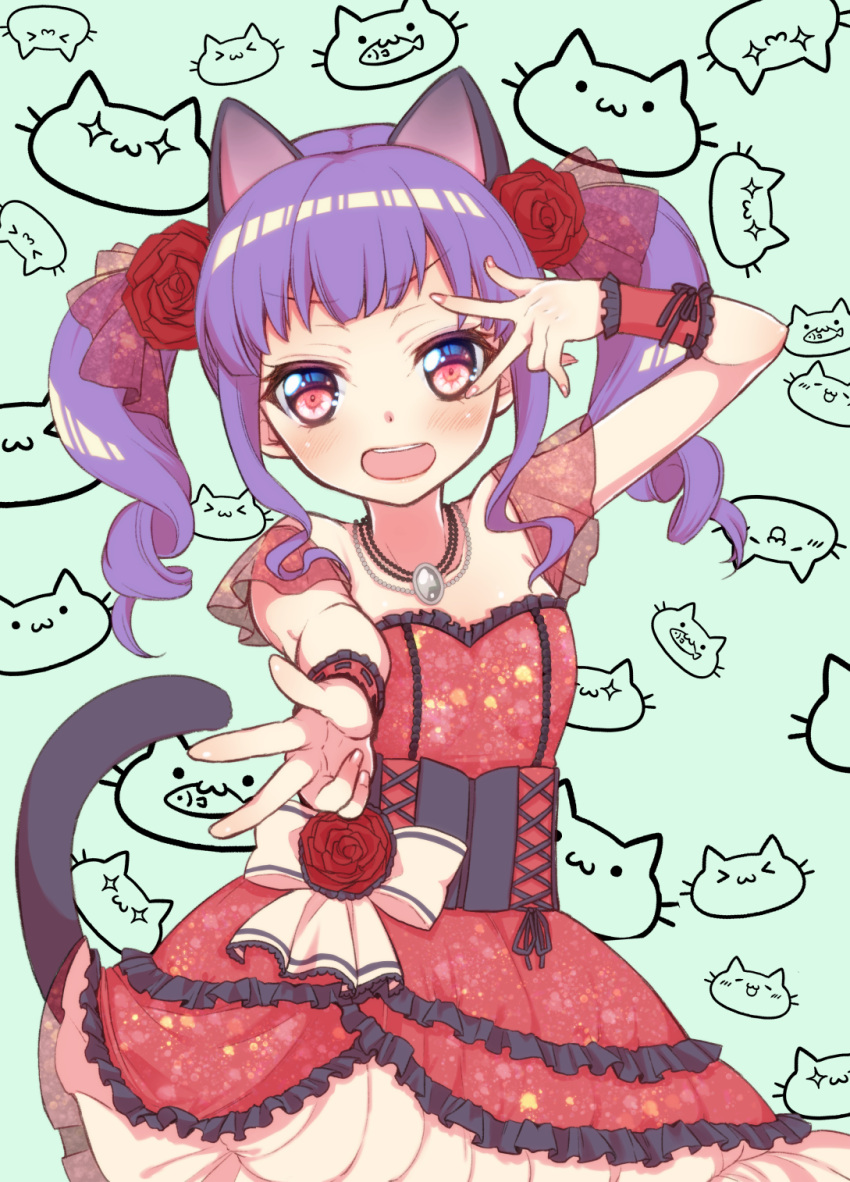 1girl animal_ears aqua_background bang_dream! bangs cat cat_ears cat_tail commentary_request corset curly_hair double_w dress flower frilled_dress frills hair_flower hair_ornament highres jewelry kemonomimi_mode light_blush looking_at_viewer necklace open_mouth outstretched_arm patterned_background red_dress red_eyes red_flower red_rose rose round_teeth short_sleeves sidelocks solo tail teeth textless tsurugi_hikaru twintails udagawa_ako upper_teeth w w_over_eye wrist_cuffs