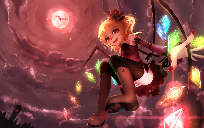 2girls ass bai_yemeng bare_shoulders bat_wings black_legwear blonde_hair boots detached_sleeves dress fang flandre_scarlet flying full_moon hair_ribbon highres long_sleeves moon multiple_girls night open_mouth outstretched_arms panties red_dress red_eyes red_moon red_nails remilia_scarlet ribbon scarlet_devil_mansion siblings side_ponytail sisters sky slit_pupils smile striped striped_panties thigh-highs touhou underwear wings