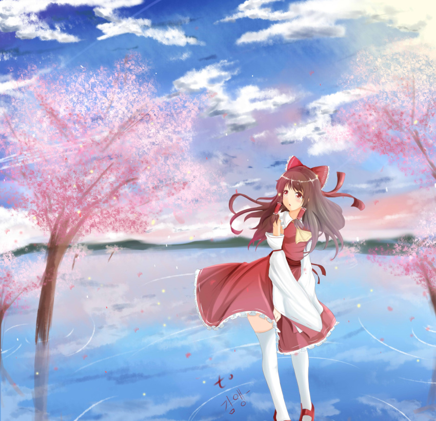 1girl absurdres ascot bare_shoulders blouse blush bow brown_hair cherry_blossoms clouds cloudy_sky detached_sleeves hair_bow hair_tubes hakurei_reimu highres korean long_hair looking_away open_mouth red_eyes ripples septet_(zrca_janne) shoes skirt skirt_set sky solo standing standing_on_water thigh-highs touhou uwabaki water wide_sleeves wind