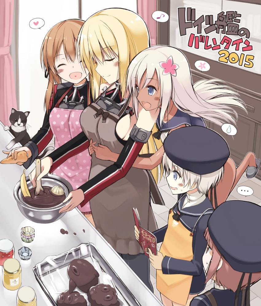 ... 5girls anchor_hair_ornament apron banana beret bismarck_(kantai_collection) blonde_hair blue_eyes blush bowl breasts brown_hair carrot cat chocolate flower food fruit hair_flower hair_ornament hat heart heart_in_mouth highres hug kantai_collection large_breasts long_hair low_twintails military military_uniform multiple_girls musical_note onion oota_yuuichi open_mouth prinz_eugen_(kantai_collection) ro-500_(kantai_collection) sailor_collar sailor_dress sailor_hat school_swimsuit school_uniform serafuku short_hair sideboob silver_hair slippers smile spoken_ellipsis spoken_heart spoken_musical_note spoken_sweatdrop sweatdrop swimsuit swimsuit_under_clothes tan tanline twintails u-511_(kantai_collection) uniform z1_leberecht_maass_(kantai_collection) z3_max_schultz_(kantai_collection)