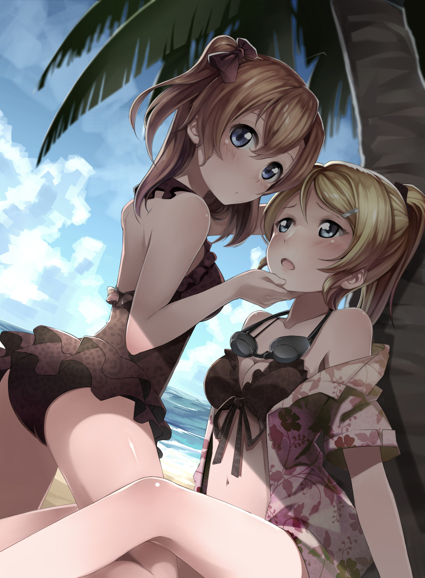 2girls absurdres artist_request ass ayase_eli beach bikini black_bikini black_swimsuit blonde_hair blue_eyes blush bow brown_hair casual_one-piece_swimsuit clouds coconut_tree floral_print frilled_bikini frilled_swimsuit frills hair_bow hair_ornament hairclip hand_on_another's_chin highres kousaka_honoka legs long_hair love_live!_school_idol_project multiple_girls navel one-piece_swimsuit one_side_up open_clothes open_mouth open_shirt palm_tree ponytail print_shirt shirt sky swimsuit tree yuri