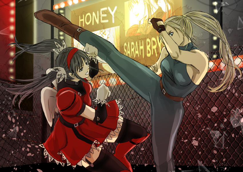2girls battle belt black_hair black_legwear blonde_hair blue_eyes bodysuit boots breasts chain-link_fence company_connection detached_sleeves dodging dress fighting_vipers fingerless_gloves garter_straps gloves hairband hayame_(m_ayame) high_kick honey_(fighting_vipers) kicking long_hair mini_wings multiple_girls ponytail puffy_sleeves red_dress sarah_bryant scrunchie sega sideboob sleeveless thigh-highs twintails virtua_fighter white_gloves