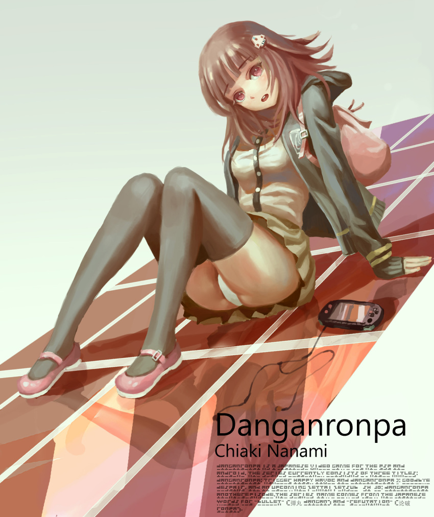 1girl absurdres arm_support backpack bag black_legwear brown_hair brown_skirt buttons character_name copyright_name dangan_ronpa dangan_ronpa_1 digital_media_player earphones earphones full_body grey_shirt hair_ornament hairclip highres hoodie knees_together_feet_apart ldh long_sleeves looking_at_viewer mary_janes miniskirt nanami_chiaki on_floor open_mouth panties pantyshot pantyshot_(sitting) pink_eyes pleated_skirt red_shoes reflection reflective_floor school_uniform shirt shoes sitting skirt sleeves_past_wrists small_breasts solo thigh-highs underwear white_panties