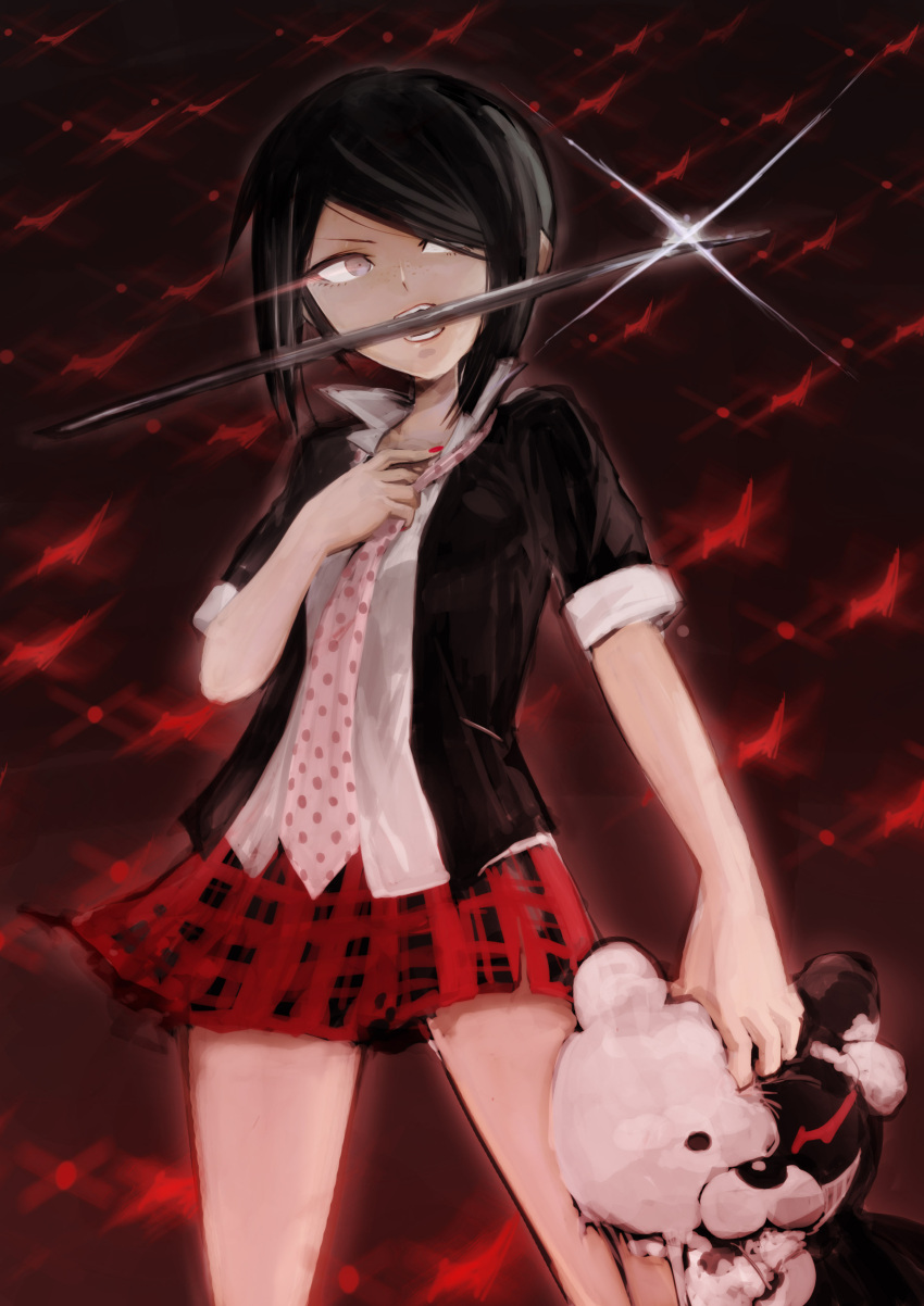 1girl absurdres black_hair blade dangan_ronpa dangan_ronpa_1 freckles highres ikusaba_mukuro monokuma mouth_hold nakano_haito necktie school_uniform short_hair spoilers