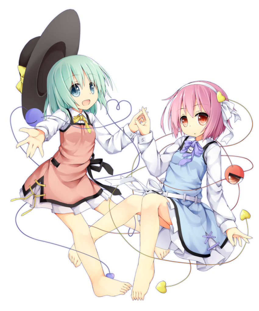2girls akirame alternate_costume barefoot blue_dress bow brown_dress dress grey_eyes hairband hat hat_bow heart heart_of_string highres holding_hands interlocked_fingers komeiji_koishi komeiji_satori long_sleeves multiple_girls open_mouth outstretched_arm outstretched_hand pink_eyes pink_hair sash shirt siblings silver_hair sisters smile third_eye touhou transparent_background