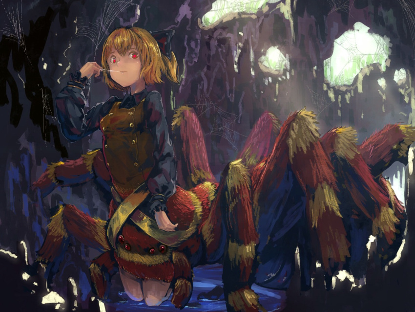 1girl blonde_hair bow cave hair_bow insect_girl kaatoso kurodani_yamame looking_at_viewer monster_girl red_eyes short_hair solo spider_girl touhou