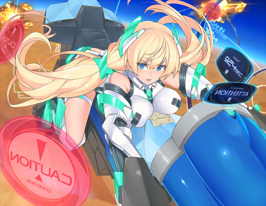 1girl angela_balzac blonde_hair blue_eyes bodysuit breast_press breasts elbow_gloves expelled_from_paradise gloves holographic_interface large_breasts leotard long_hair makita_(twosidegekilove) map open_mouth solo thigh_strap twintails