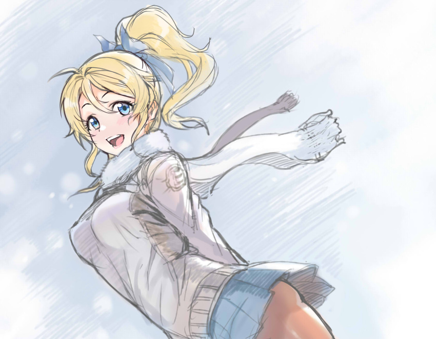 ayase_eli blonde_hair blue_eyes highres love_live!_school_idol_project open_mouth ponytail rein00 scarf skirt