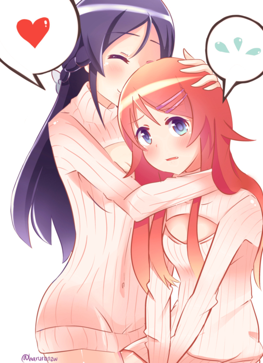 2girls absurdres aragaki_ayase black_hair blue_eyes closed_eyes fang harurun_zw heart highres kousaka_kirino long_hair multiple_girls open-chest_sweater orange_hair ore_no_imouto_ga_konna_ni_kawaii_wake_ga_nai spoken_heart spoken_sweatdrop sweatdrop turtleneck