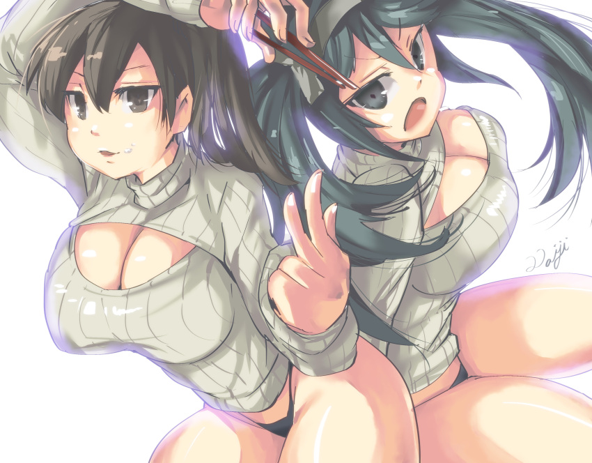 2girls absurdres armadillo-tokage black_panties breasts brown_eyes brown_hair chopsticks cleavage cleavage_cutout green_hair grey_eyes highres isuzu_(kantai_collection) kaga_(kantai_collection) kantai_collection large_breasts long_hair multiple_girls no_pants open-chest_sweater open_mouth panties ribbed_sweater side_ponytail smile sweater thong turtleneck twintails underwear