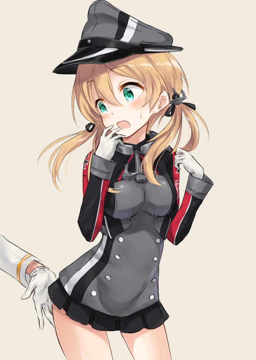 1boy 1girl admiral_(kantai_collection) anchor_hair_ornament azuuru_(azure0608) blonde_hair blush gloves hat highres kantai_collection long_hair long_sleeves looking_back microskirt military military_uniform open_mouth peaked_cap prinz_eugen_(kantai_collection) simple_background skirt twintails uniform white_gloves