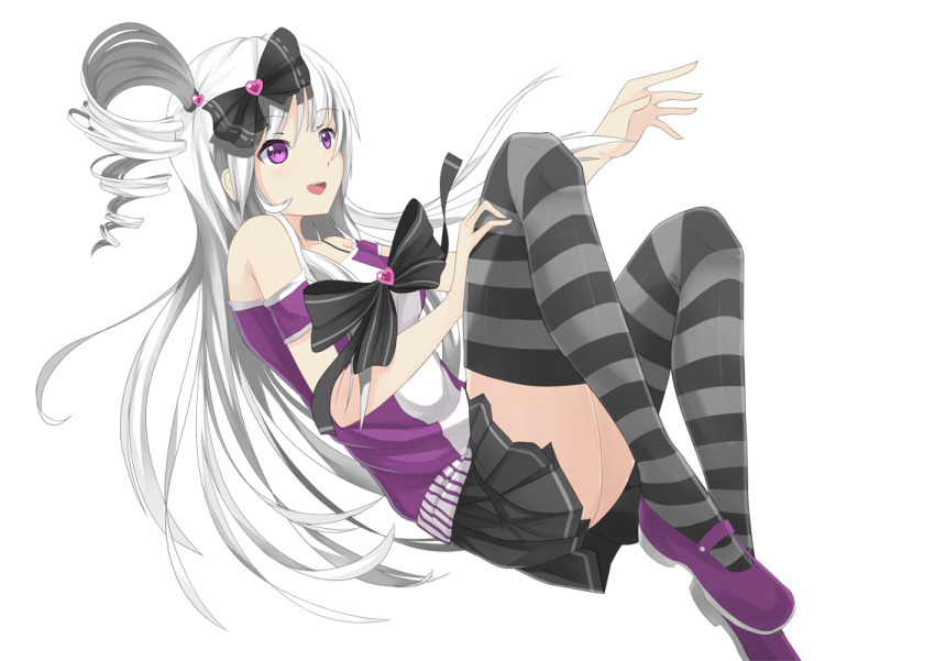 1girl :d bare_shoulders camera hair_ribbon legs_up long_hair open_mouth original ribbon rizky_(strated) side_ponytail silver_hair skirt smile striped striped_legwear thigh-highs violet_eyes