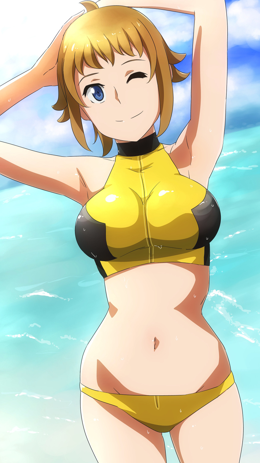 1girl absurdres bikini blue_eyes brown_hair gundam gundam_build_fighters gundam_build_fighters_try highres hoshino_fumina one_eye_closed ponytail short_hair swimsuit tank_top tonotyama