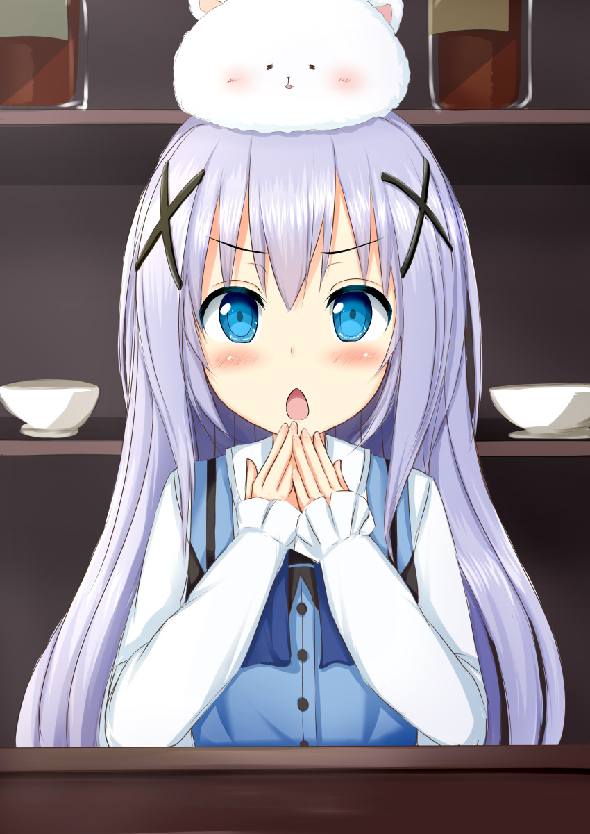 1girl =_= absurdres animal_on_head bangs blue_eyes blush bowl buttons chestnut_mouth counter frilled_shirt frilled_sleeves frills gochuumon_wa_usagi_desuka? hair_ornament hairclip highres kafuu_chino long_hair long_sleeves looking_at_viewer open_mouth purple_hair saucer shelves shirt sleeves_past_wrists solo standing tachihaya_hiro tippy_(gochuumon_wa_usagi_desuka?) uniform vest waitress white_shirt