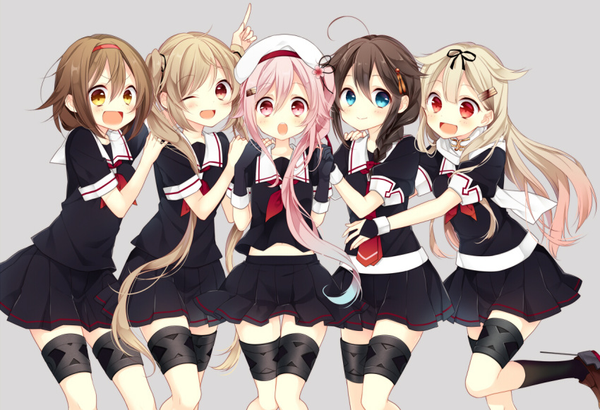 &gt;:d 5girls :d :o ahoge beret black_gloves black_legwear black_serafuku black_skirt blonde_hair blue_eyes blush braid brown_eyes fingerless_gloves flower girl_sandwich gloves gradient_hair grey_background hair_flaps hair_flower hair_ornament hair_ribbon hairband hairclip hand_on_another's_shoulder harusame_(kantai_collection) hat kantai_collection kneehighs light_brown_hair loafers long_hair looking_at_viewer multicolored_hair multiple_girls murasame_(kantai_collection) naoto_(tulip) neckerchief one_eye_closed one_leg_raised open_mouth pink_eyes pleated_skirt pointing pointing_up red_eyes ribbon sailor_collar sandwiched scarf school_uniform serafuku shigure_(kantai_collection) shiratsuyu_(kantai_collection) shoes short_hair side_ponytail simple_background single_braid skirt smile twintails white_scarf yuudachi_(kantai_collection)