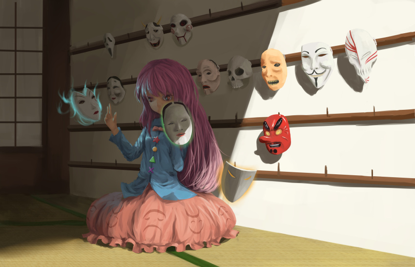 1girl absurdres bleach blue_shirt bow expressionless glowing hata_no_kokoro highres holding_mask jigsaw_(character) league_of_legends long_hair long_sleeves mask newnand oni_mask pink_skirt purple_hair raised_hand saw_(movie) scream_(movie) sitting skirt solo tagme tengu_mask touhou v_for_vendetta violet_eyes