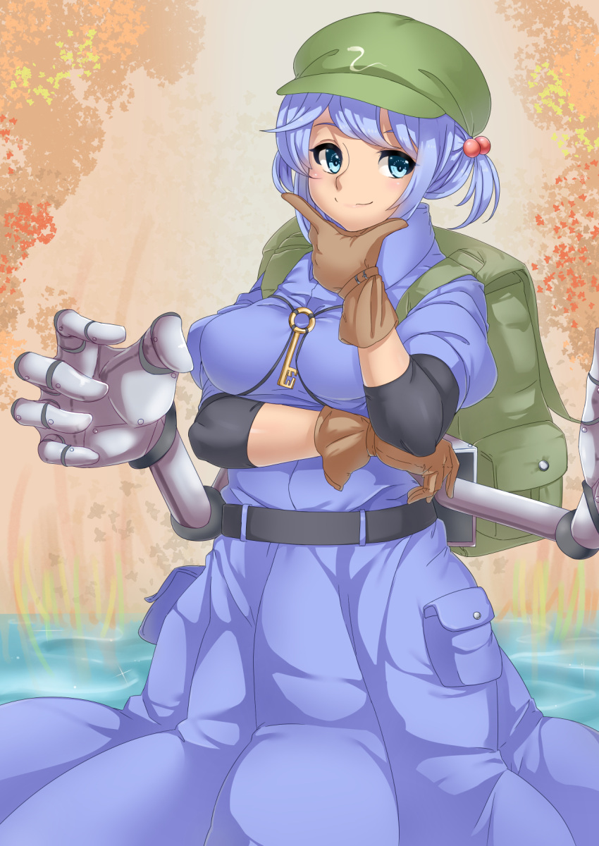 1girl aqua_eyes autumn autumn_leaves belt blue_eyes blue_hair breasts brown_gloves dress extra_arms gloves hair_bobbles hair_ornament hand_on_own_chin hat highres hinaie_takuya kawashiro_nitori key large_breasts mechanical_arms pocket shirt short_hair short_sleeves skirt skirt_set solo touhou twintails water
