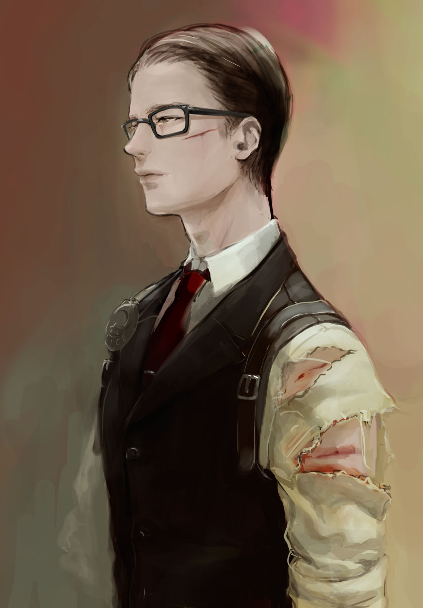 1boy absurdres badge belt cuts glasses highres injury joseph_oda mugikoma solo the_evil_within torn_clothes torn_shirt vest waistcoat