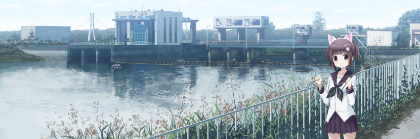 1girl animal_ears bridge brown_eyes brown_hair cat_ears fake_animal_ears floodgate flower_hair_ornament hairband highres isou_nagi lake landscape long_image original paw_pose real_world_location scenery school_uniform serafuku short_hair side_ponytail wide_image