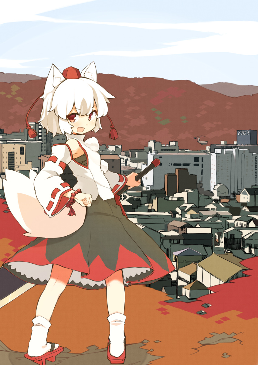 1girl absurdres animal_ears bare_shoulders city detached_sleeves exrail geta hat highres inubashiri_momiji looking_at_viewer looking_back open_mouth pom_pom_(clothes) red_eyes ribbon-trimmed_sleeves ribbon_trim sarashi short_hair silver_hair solo sword tagme tail tokin_hat touhou weapon wolf_ears wolf_tail