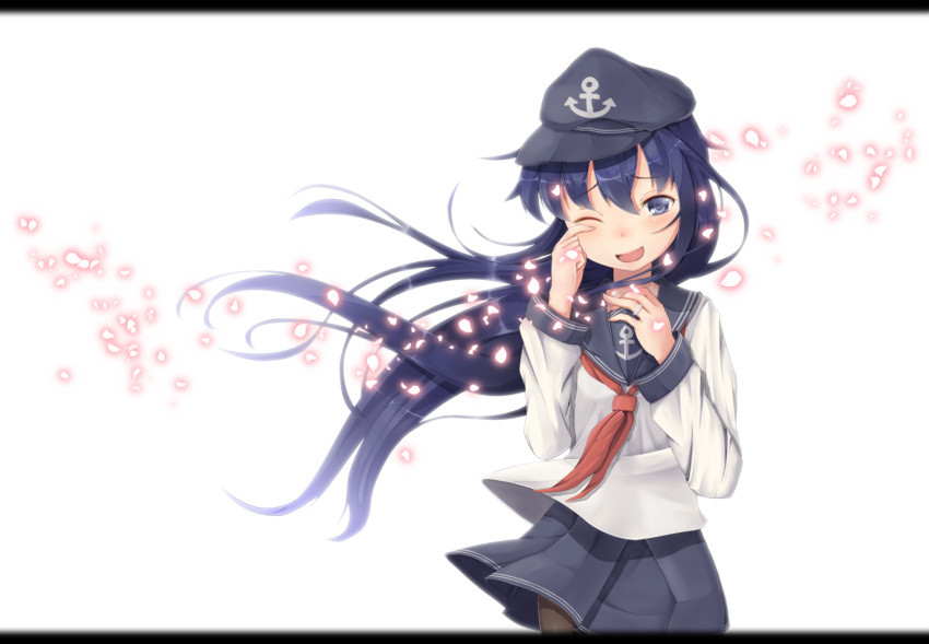 1girl akatsuki_(kantai_collection) anchor_symbol blouse blue_skirt cowboy_shot flat_cap fonde_ringo happy_tears hat jewelry kantai_collection letterboxed long_sleeves looking_at_viewer neckerchief pantyhose petals pleated_skirt purple_hair ring sailor_collar school_uniform serafuku simple_background skirt solo tears violet_eyes wedding_band white_background